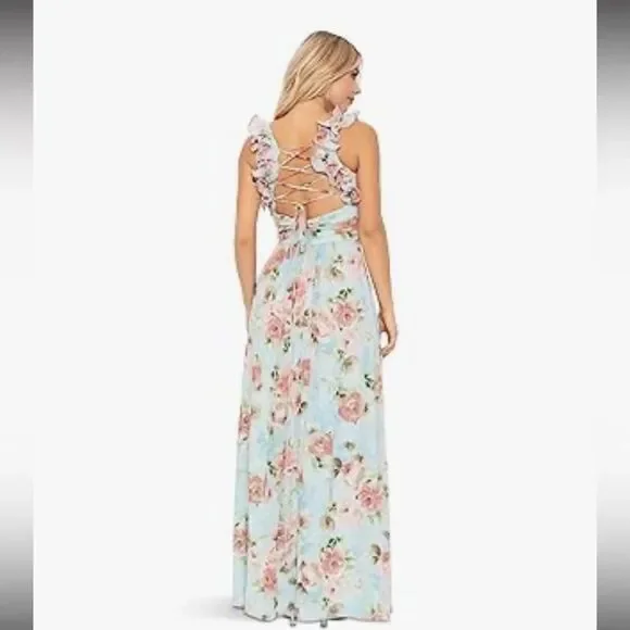 BETSY & ADAM Floral Print Ruffle Lace Back Gown Sz. 4 - Picture 4 of 11